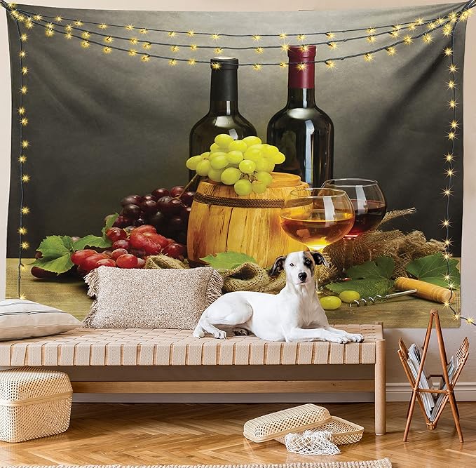 Ambesonne Winery Tapestry, Cask Bottles and Glasses of Wine and Ripe Grapes on Wooden Table Picture Print, Fabric Wall Hanging Decor for Bedroom Living Room Dorm, 30" X 45", Grey Taupe