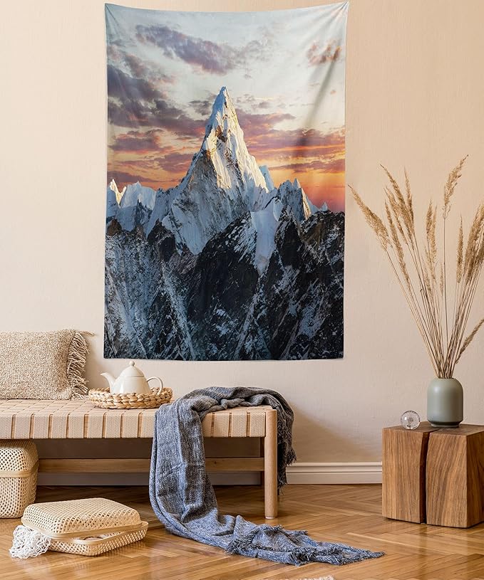 Ambesonne Mountain Tapestry, Evening South High Hill Above the Sky Colorful Nepal Everest Photo, Fabric Wall Hanging Decor for Bedroom Living Room Dorm, 23" X 28", Bluegrey Salmon