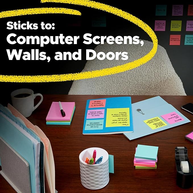 Post-it Super Sticky Notes, 3 Sticky Note Pads, 3 x 3 in., School Supplies, Office Products, Sticky Notes for Vertical Surfaces, Monitors, Walls and Windows, Supernova Neons Collection