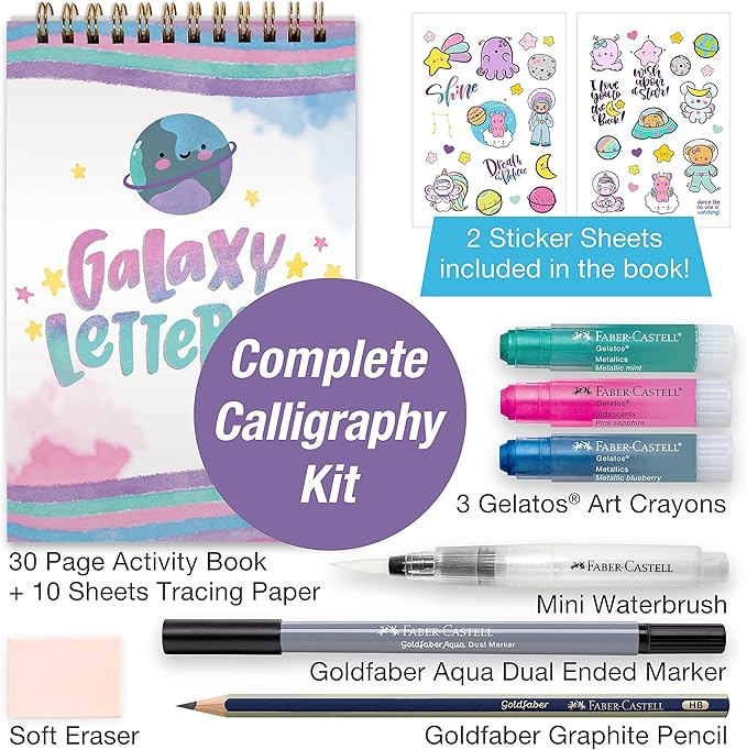 Faber-Castell Galaxy Lettering - Hand Lettering Kit for Teens and Adult Beginners, DIY Kit with 40 Page Activity Book and Art Supplies