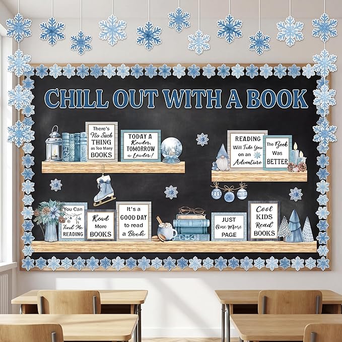 Qilery Winter Reading Bulletin Board Set – Christmas Classroom Decorations with Snowflakes & Book Quotes, Holiday Literacy Wall Decor for Teachers, School Library, Seasonal Reading Corner Display
