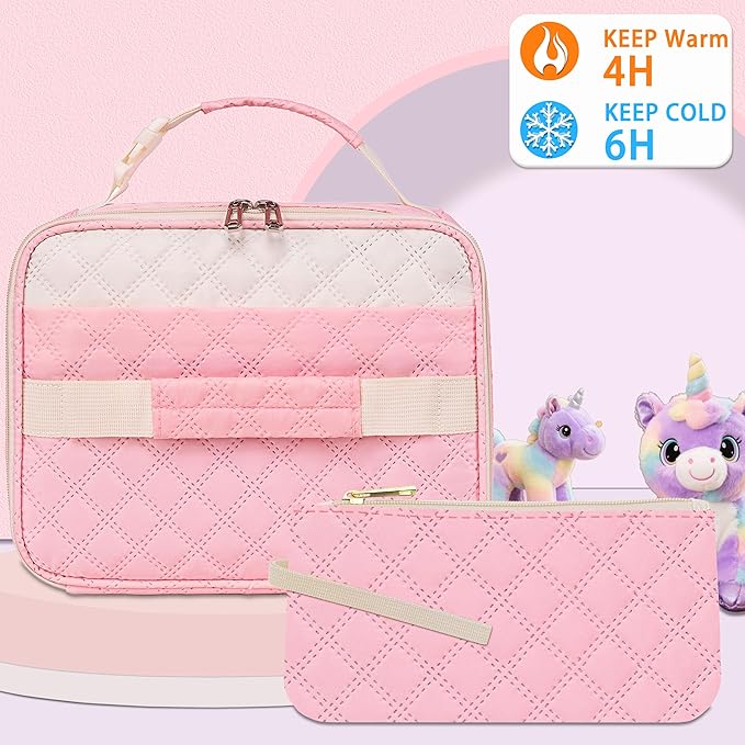 Pink Lunch Box Kids with Sandwich/Snack Bag for Girls Teens for School Insulated Lunch Bag Suitable for Bento Box Lunch Container Lonchera para niñas