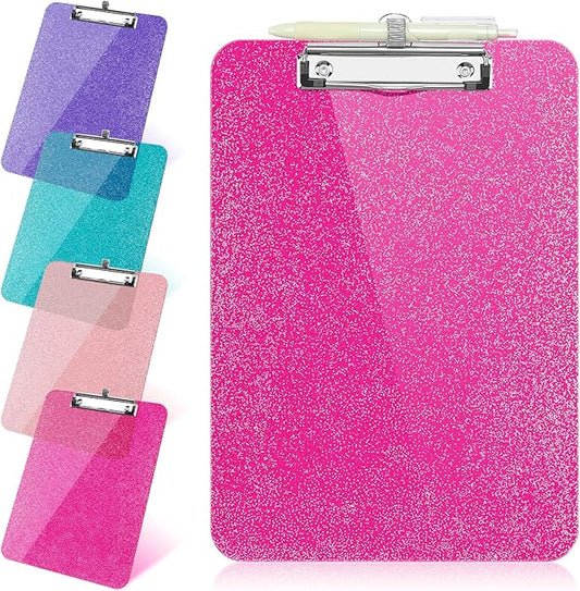 1 Pcs Clear Glitter Clipboards,Plastic Clipboard with Pen Holder,Size 8.85 x 12.4 in Shiny Clipboards with Low Profile Clip,Cute Hanging Clipboard for Office Supplies Sparkly Clip Board-Hot Pink