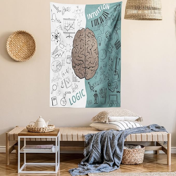 Ambesonne Modern Tapestry, Brain Image Left and Right Music Logic Art Side Science Print, Wall Hanging for Bedroom Living Room Dorm Decor, 60" X 80", White Teal Umber