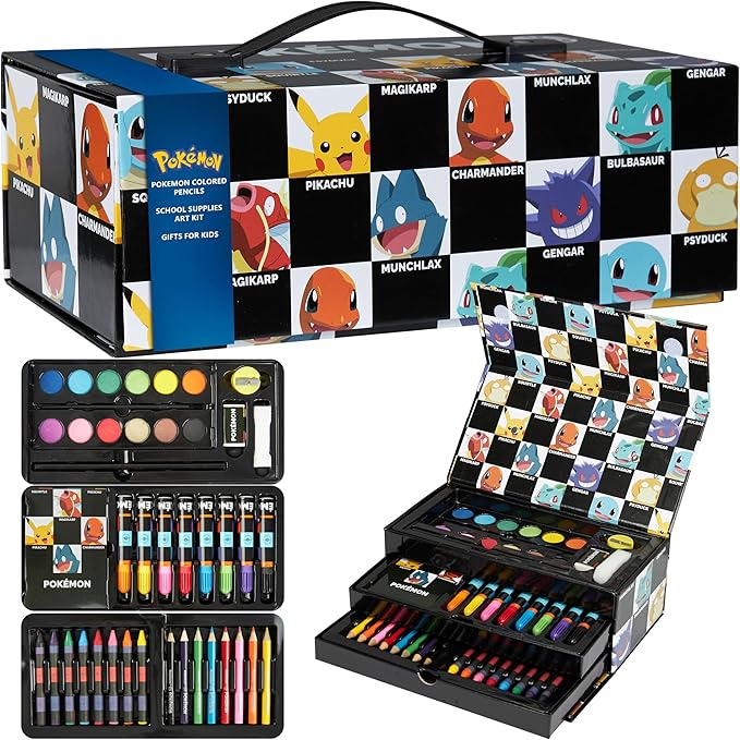 Pokemon Art Set for Boys Girls Drawing Painting Kit Markers Crayons Colored Pencils School Supplies Anime Gifts for Kids (Black)
