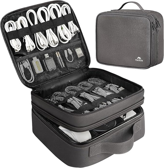 MATEIN Cord Organizer Case with Adjustable Divider, DJ Cable File Bag for Electronic Storage, USB Cable, Charger, Tech Accessories, Shockproof Portable Double Layer Cord Bags, Grey