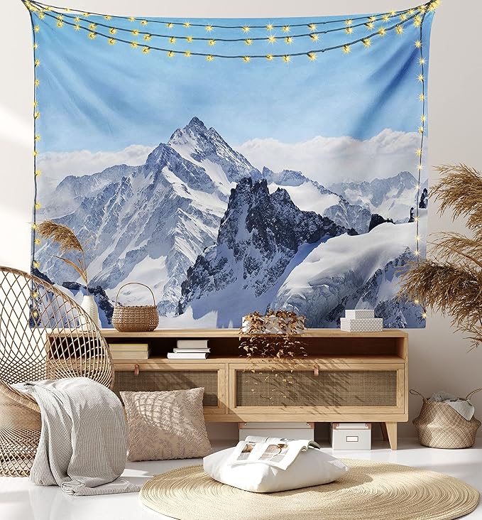 Ambesonne Winter Tapestry, Snowy Rocky Mountain Peaks Tops Scene High Lands ICY Frozen Swiss Outdoor Art, Fabric Wall Hanging Decor for Bedroom Living Room Dorm, 28" X 23", Blue and White