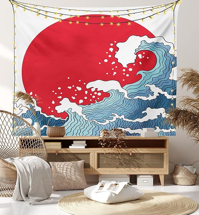 Ambesonne Japanese Wave Tapestry Twin Size, Big Red Sun Setting Scenery Tropical Nautical Tsunami Swirls, Wall Hanging Bedspread Bed Cover Wall Decor, Twin Size, Red Blue White