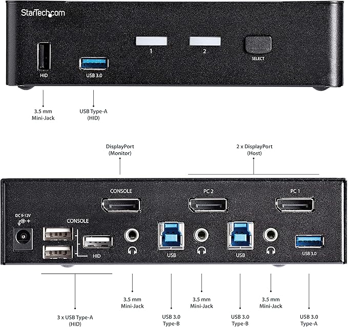 StarTech.com 2 Port DisplayPort KVM Switch - 4K 60Hz - Single Display - Dual Port UHD DP 1.2 USB KVM Switch with Integrated USB 3.0 Hub & Audio-Dell HP Apple Lenovo-TAA Compliant (SV231DPU34K), Black