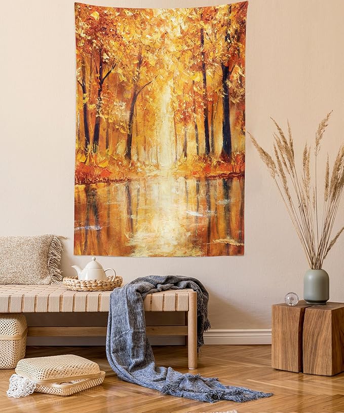 Ambesonne Country Tapestry, Painting of a Forest by the Small Lake in Autumn Pale Fall Trees and Leaves Art, Fabric Wall Hanging Decor for Bedroom Living Room Dorm, 30" X 45", Orange Brown