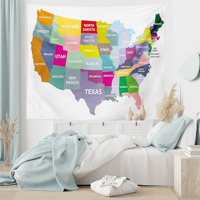 Ambesonne Map Tapestry, USA Map with Name of States in Colorful Design America Geography Cartography Theme, Wide Wall Hanging for Bedroom Living Room Dorm, 60" X 40", Red Yellow
