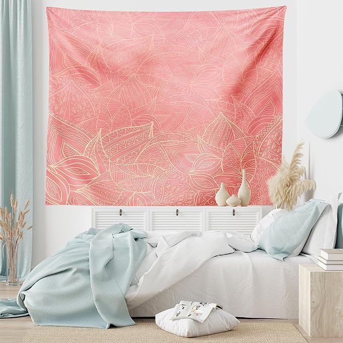 Ambesonne Floral Tapestry, Pastel Toned Nature Inspired Leaf Background Botany Themed Illustration, Fabric Wall Hanging Decor for Bedroom Living Room Dorm, 28" X 23", Peach Coral