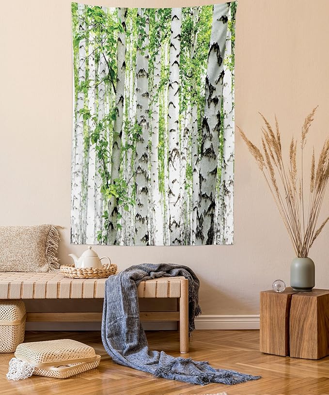 Ambesonne Woodland Tapestry Twin Size, Birch Trees in The Forest Summertime Wildlife Nature Outdoors Themed Picture, Wall Hanging Bedspread Bed Cover Wall Decor, Twin Size, White Green