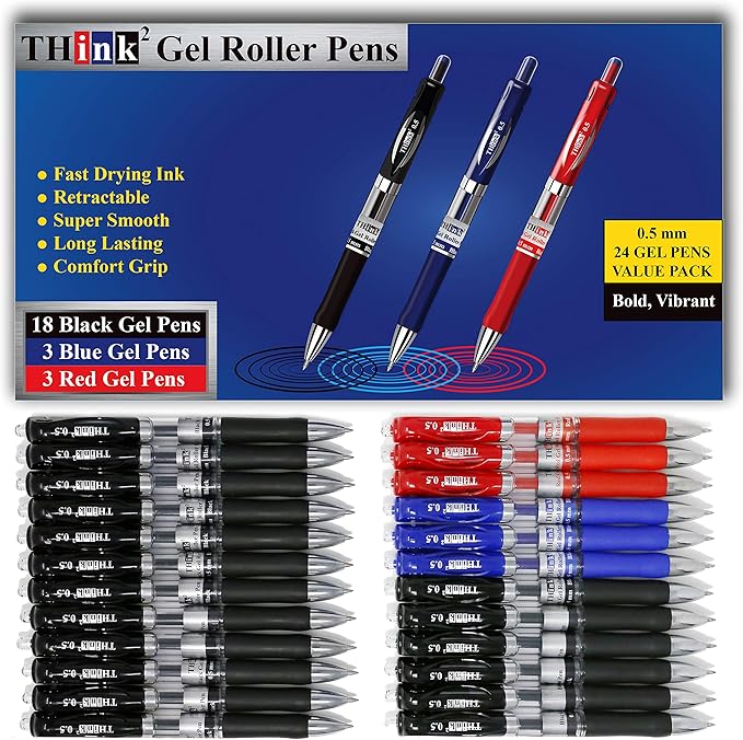 [24 Pens - 3 Colors] Think2 Retractable Gel Pens. (18 Black, 3 Red, 3 Blue) Fine Point (0.5mm) Rollerball Pens with Comfort Grip.