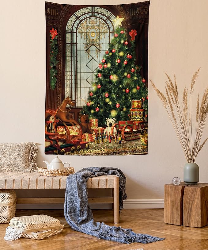 Ambesonne Christmas Tapestry Twin Size, Vintage Ambiance Big Old Fashioned Window Xmas Tree Various Presents, Wall Hanging Bedspread Bed Cover Wall Decor, Twin Size, Brown Red Green