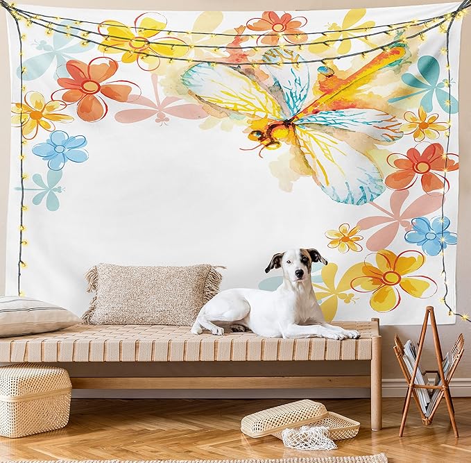 Ambesonne Dragonfly Tapestry, Abstract Grunge Vintage Design Moth Spring Flowers Floral Frame Art Print, Fabric Wall Hanging Decor for Bedroom Living Room Dorm, 23" X 28", Yellow Orange