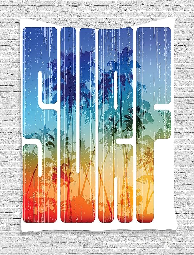 Ambesonne Surf Tapestry, Summer Theme Retro Letters That Reflect The Seacoast Palm Tree Extreme Sports Art, Wall Hanging for Bedroom Living Room Dorm Decor, 40" X 60", Navy Orange