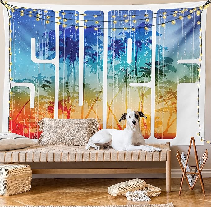 Ambesonne Surf Tapestry King Size, Summer Theme Retro Letters That Reflect the Seacoast Palm Tree Extreme Sports Art, Wall Hanging Bedspread Bed Cover Wall Decor, 104" X 88", Navy Orange