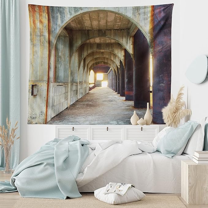 Ambesonne Urban Tapestry, Corridor of Concrete Pillars Structure Urban Industrial Rustic Style Art, Wide Wall Hanging for Bedroom Living Room Dorm, 60" X 40", Brown Purple