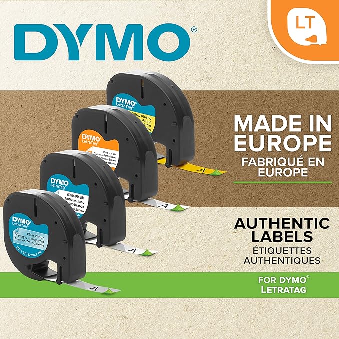 DYMO LetraTag Paper Labels, Authentic, 12 mm x 4 m Roll, Black Print on White, Self-Adhesive Multipurpose for LetraTag Label Makers, 2 Count