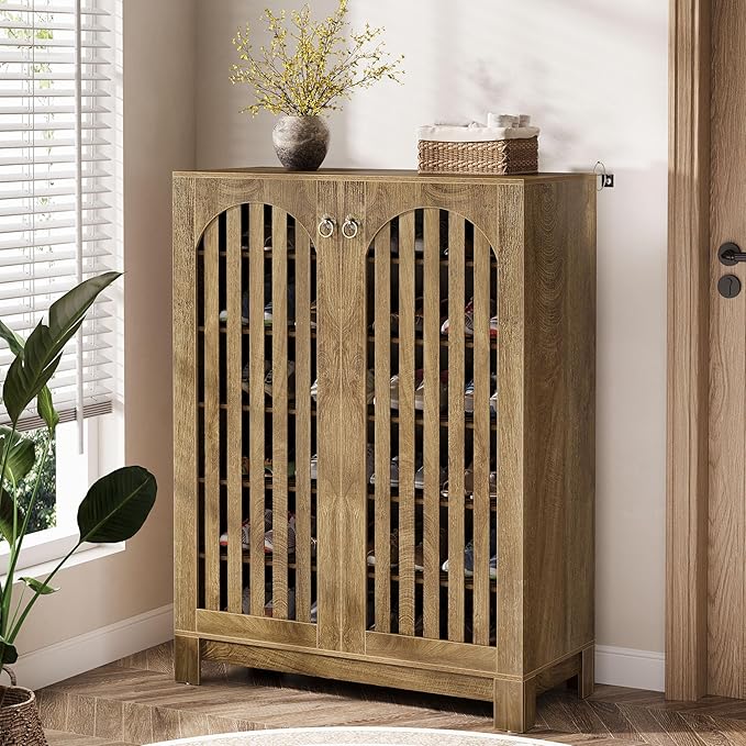 Tribesigns Shoe Cabinet Set of 2, Wood Shoe Organizer Cabinet with Doors & Adjustable Shelves, Shoe Storage Rack for Entryway, Living Room, Bedroom