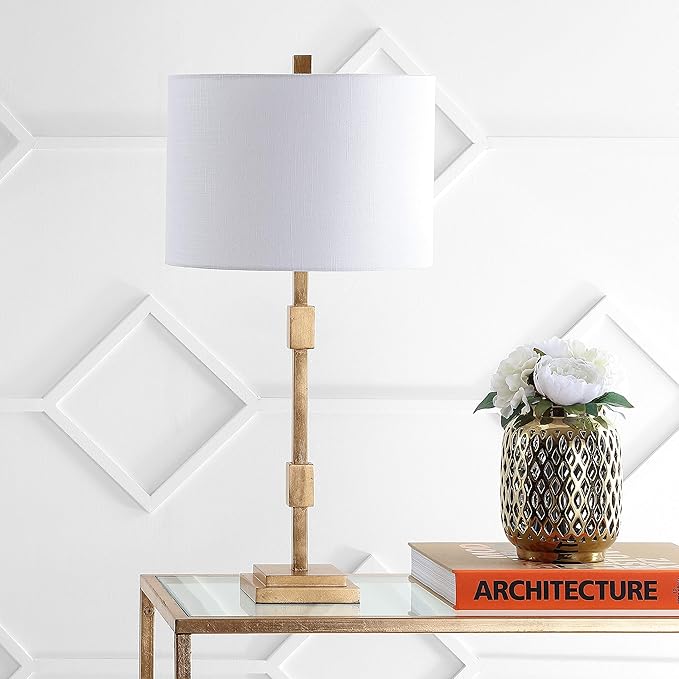 JONATHAN Y 29" Gold Leaf Modern Geometric Column LED Table Lamp, Transitional Iron Desk Lamp for Living Room Bedroom, White Linen Drum Shade, UL Listed, LED Bulb Included JYL3037A
