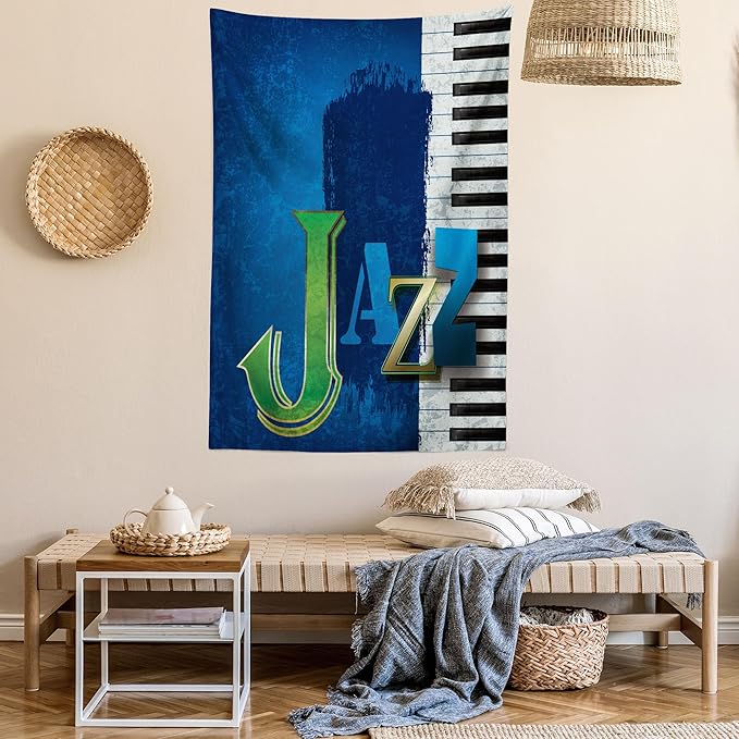 Ambesonne Jazz Music Tapestry Queen Size, Abstract Cracked Background Piano Keys Themed Print Rhytym Image, Wall Hanging Bedspread Bed Cover Wall Decor, 88" X 88", Navy Green White