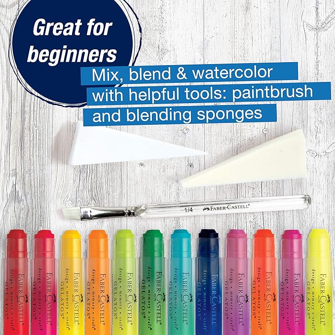 Faber-Castell Gelatos Brights: 12 Watercolor Gel Crayons and Watercolor Supplies, Versatile Art Pigment Crayons for Adults, Gel Sticks for Mixed Media, Journaling Supplies for Artists & Hobbyists