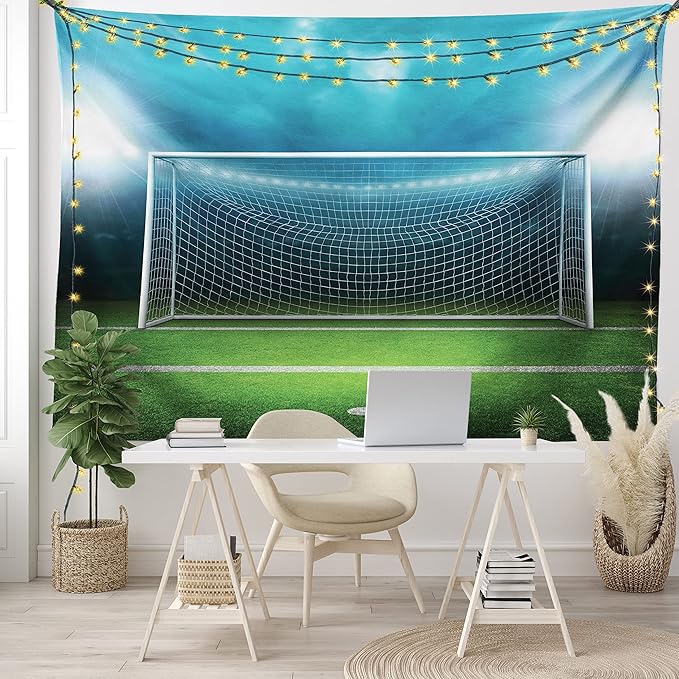 Ambesonne Soccer Tapestry King Size, Soccer Goal Post Sports Area Winner Loser Line Floodlit Best Team Finals Game Theme, Wall Hanging Bedspread Bed Cover Wall Decor, King Size, Green and Blue