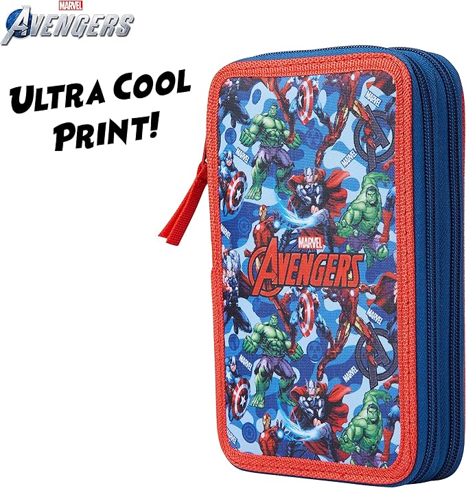 Marvel Boy's Pencil Case, Pencil Case with Compartments Filled School Supplies, Felt, Coloured Pencil, Spiderman Avengers Back to School Gift