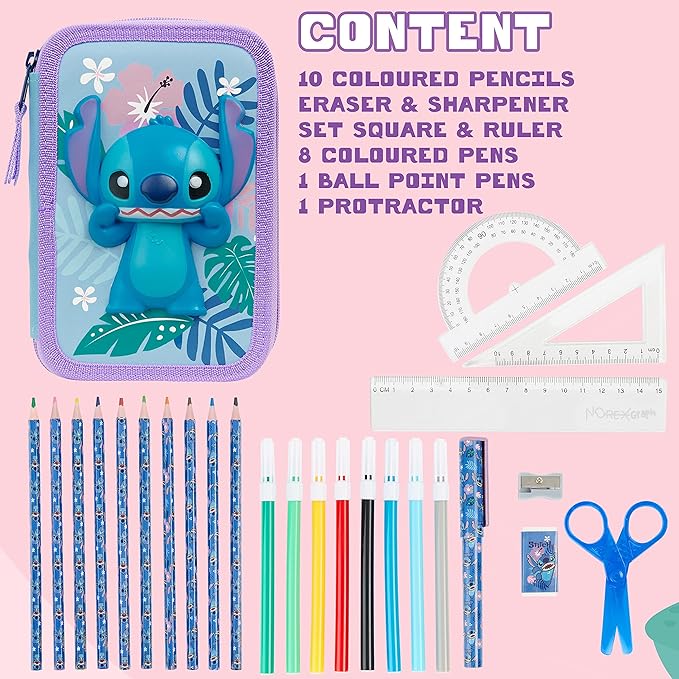 Disney Stitch Filled Pencil Case with Colored Pencils, Markers, Gifts for Girls Kids, Stationery School Art Supplies Pouch Holder Organizer (Blue Stitch Double Zip)