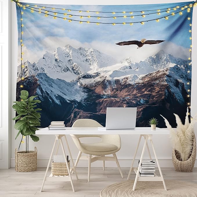 Ambesonne Mountain Tapestry King Size, Frozen Peaks Tops of the Mountain with a Flying Eagle Free in Nature Photo, Wall Hanging Bedspread Bed Cover Wall Decor, 104" X 88", Brown White Blue