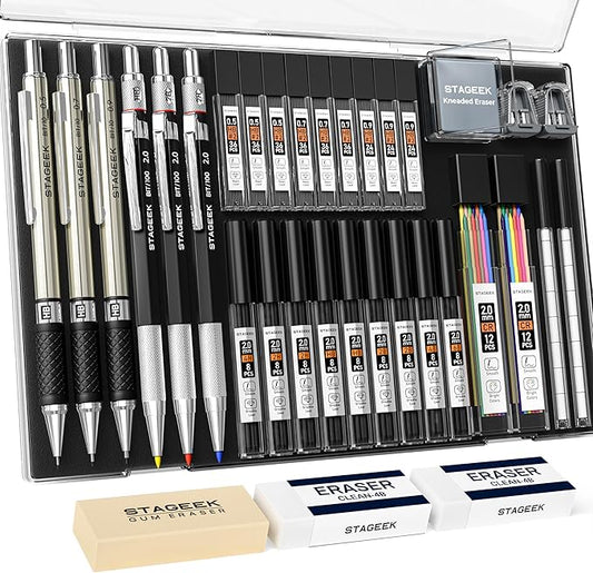 Mechanical Pencil Set with Case 34 Count, Drawing Pencils 0.5, 0.7, 0.9MM & 3PCS 2MM Sketching Pencils with 384PCS Lead Refills (6B 4B 2B HB 2H 4H Color) for Artist Drafting Drawing Writing