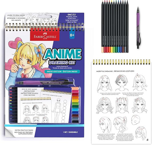 Faber-Castell Anime Drawing Kit: Shojo Edition | Step-by-Step Instruction Book with 20 Practice Pages, Color Pencil Set & Drawing Supplies for Kids, Easter Basket Stuffers (1 Book)
