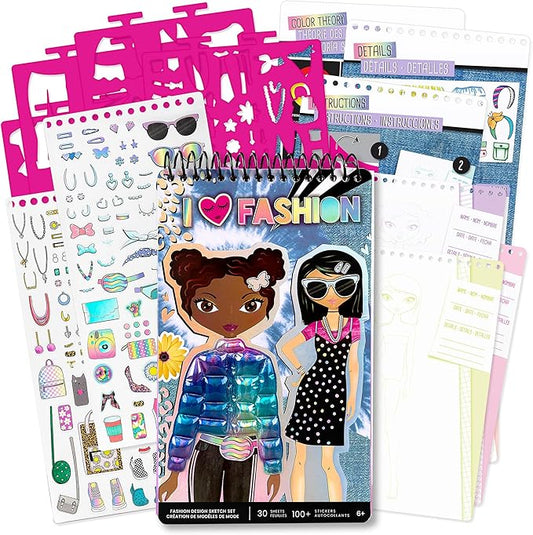 Fashion Angels Fashion Design Sketch Set - Compact Portfolio Sketchbook for Girls, Fashion Coloring Book for Kids Ages 6+, Includes Stencils & 100+ Stickers