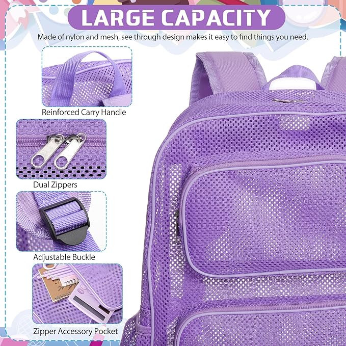13 Piece Operation Christmas Bulk Item, 17" Mesh Backpack Semi Transparent Heavy Duty, Notebook for Holiday Donation(Purple)