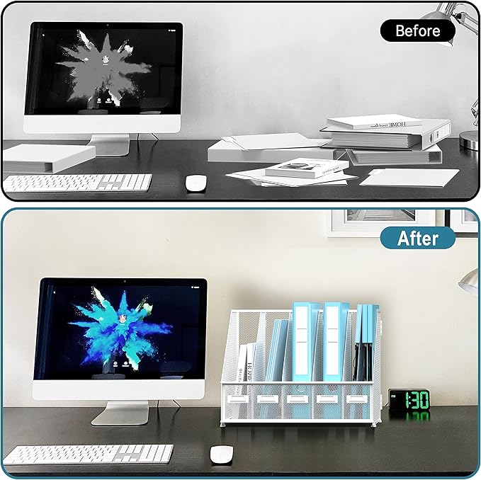 SUPEASY Desk Organizers Metal Desk Magazine File Holder with 5 Vertical Compartments Rack File Organizer for Office Desktop, Home Workspace, White Plus