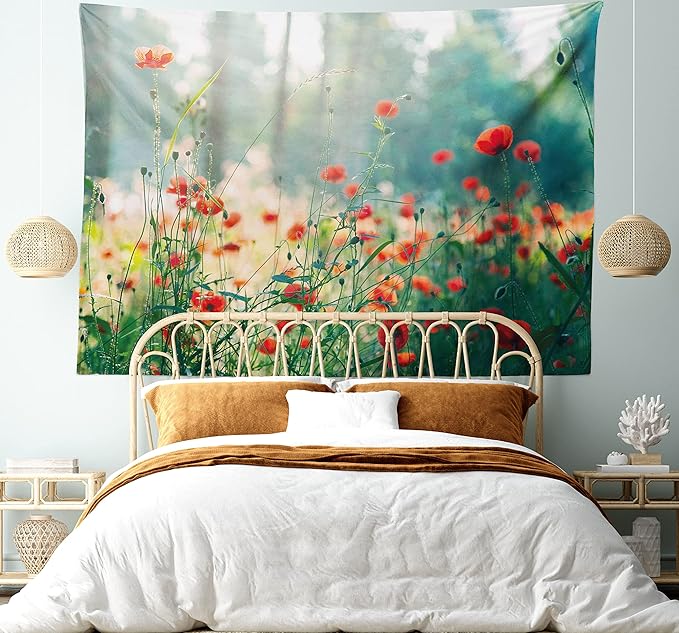Ambesonne Nature Tapestry King Size, Wild Red Poppy Flowers Field Summertime Sunbeams Gardening Bedding Plants, Wall Hanging Bedspread Bed Cover Wall Decor, 104" X 88", Red Green Yellow