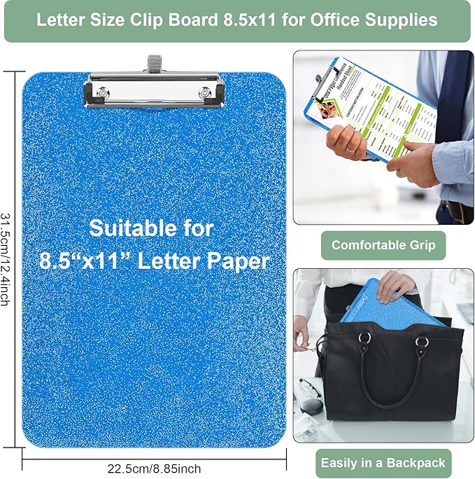 SFLHHDM Clear Glitter Clipboards, Plastic Clipboard with Pen Holder, Clip Boards 8.5x11 with Low Profile Clip, Cute Hanging Clip Board for Office School Supplies Sparkly Clipboard (Royal Blue)