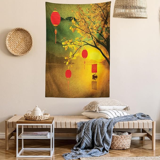 Ambesonne Oriental Tapestry, Traditional Chinese Folk Hanging from Pale Fall Trees Lake Faded Nature Photo, Fabric Wall Hanging Decor for Bedroom Living Room Dorm, 30" X 45", Yellow Green