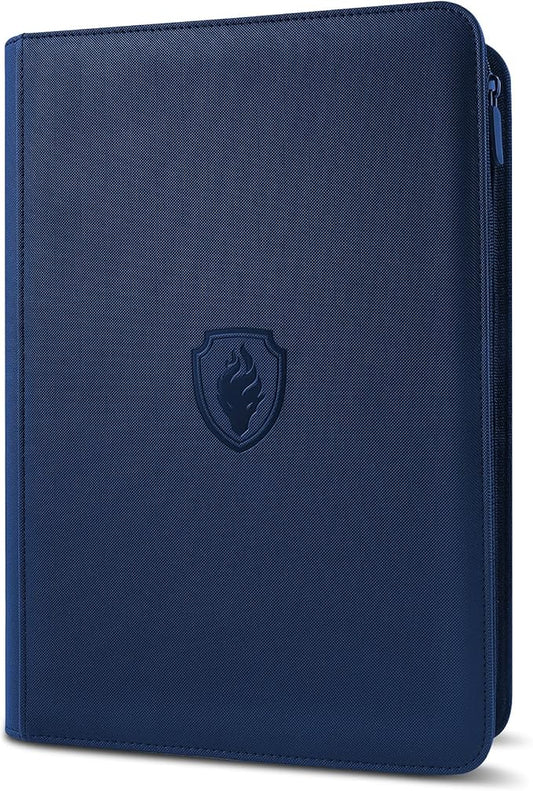 Premium Zip Card Binder, Fabmaker 9 Pocket Trading Card Binder, PU Cover Zipper Card Collection Album, Sturdy 360 Side-Loading Card Folder Holder for Game & Sports Cards, Navy Blue