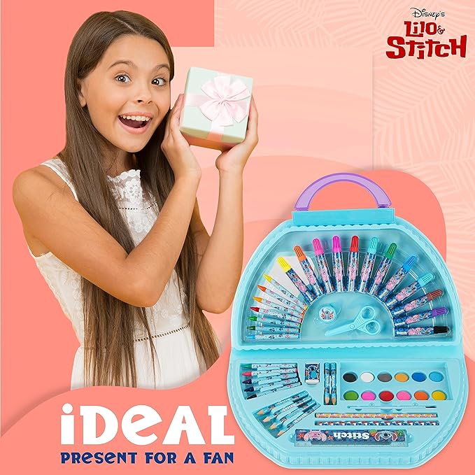 Disney Stitch Kids Art Set 40 Plus Pieces Princess Kids Colouring Sets Paints Colouring Pencils Markers Crayons Travel Art Supplies Gifts for Kids (Blue Stitch Set)