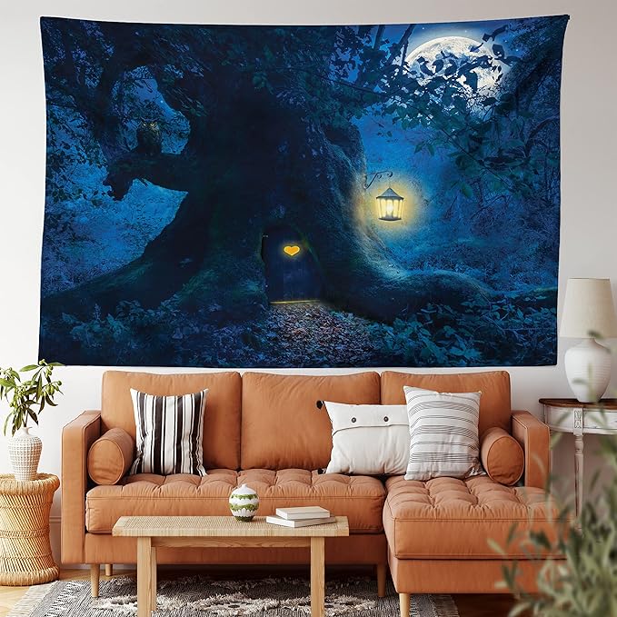 Ambesonne Fantasy Tapestry Twin Size, Night with a Little Home in The Trunk of an Tree in The Woods Print, Wall Hanging Bedspread Bed Cover Wall Decor, Twin Size, Navy Blue