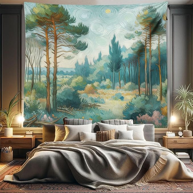 Ambesonne Forest Tapestry King Size, Trees Bushes Sky with Dramatic Brush Stroke Effects Post-Impressionism, Wall Hanging Bedspread Bed Cover Wall Decor, 104" X 88", Cadet Blue Green Amber