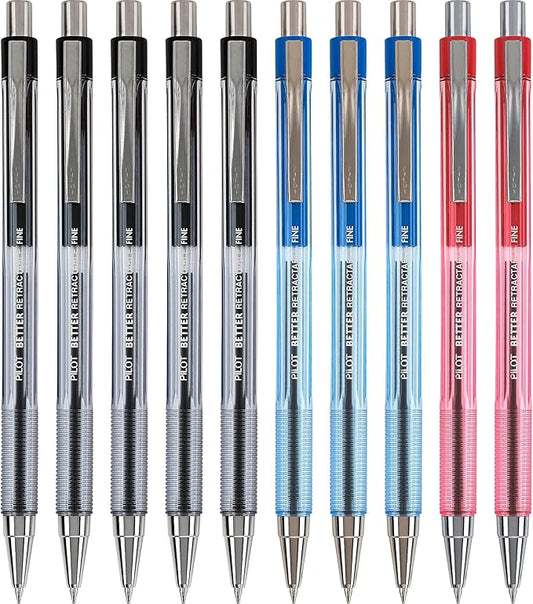 Pilot Better Ball Point Retractable Pens, Fine Point, Assorted Colors, 10 Count (16770)