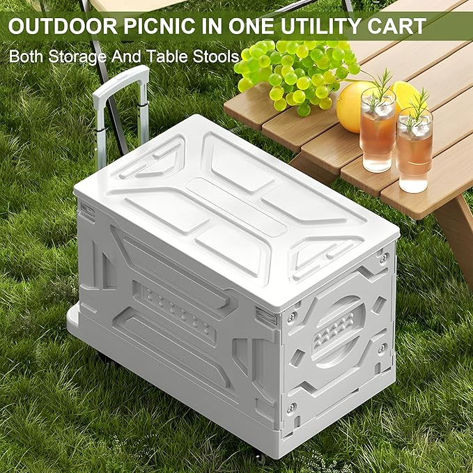 VECELO 23 GAL Large Capacity Foldable Utility Cart with Wheels - Heavy Duty Collapsible Rolling Cart for Shopping, Travel, Office & Home - Portable Luggage Cart with Telescoping Handle, White