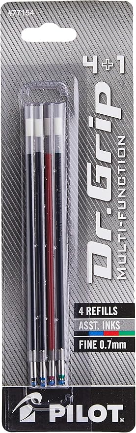 PILOT Dr. Grip 4+1 Multi-Function Ballpoint Ink Refills, Fine Point, Black/Red/Blue/Green Inks, 4-Pack (77154)