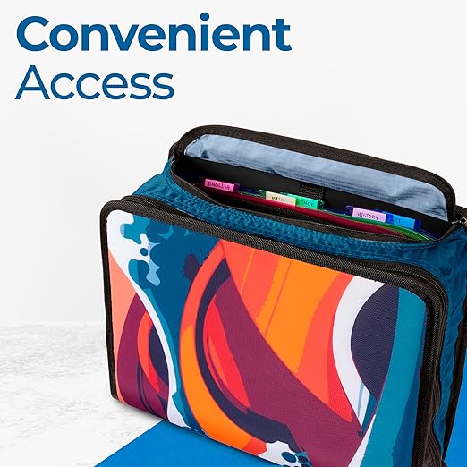 Case-it Mighty Zip Tab School Zipper Binder | 3-Inch O-Rings, 600-Sheet Capacity, 5-Subject Expanding File Folder, Multiple Pockets & Storage Organizer, Shoulder Strap | D-146 Wave