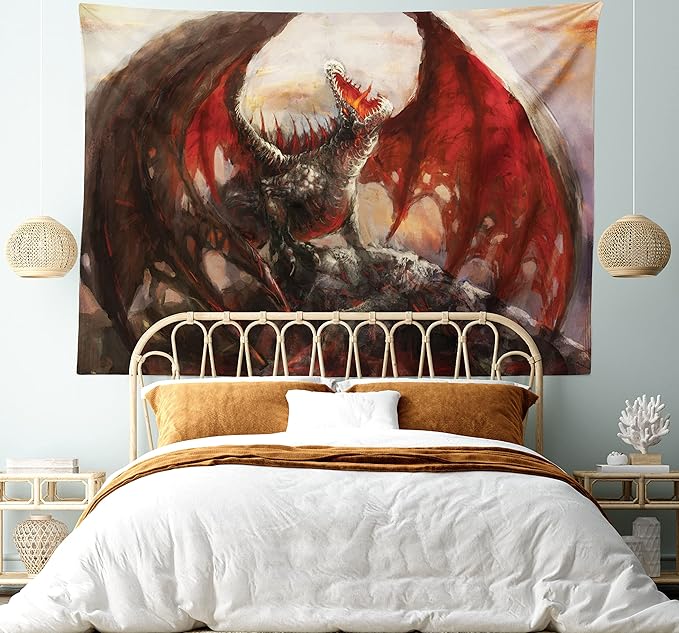 Ambesonne Fantasy World Tapestry, Majestic Dragon Resting on Mountain Mythological Fire-Spewing Creature Print, Fabric Wall Hanging Decor for Bedroom Living Room Dorm, 28" X 23", Brown Red