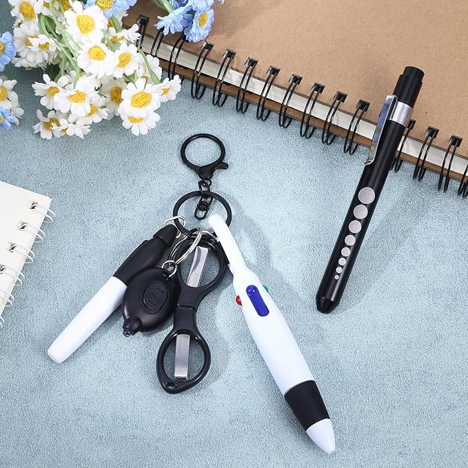 6 Pcs Nurse Pens for Badge Set,Nurse Badge Accessories with Reel Pen,Nursing Accessories Healthcare with Pens,Highlighter and Permanent Marker Pen and Led Keychain Foldable Scissors(Black)
